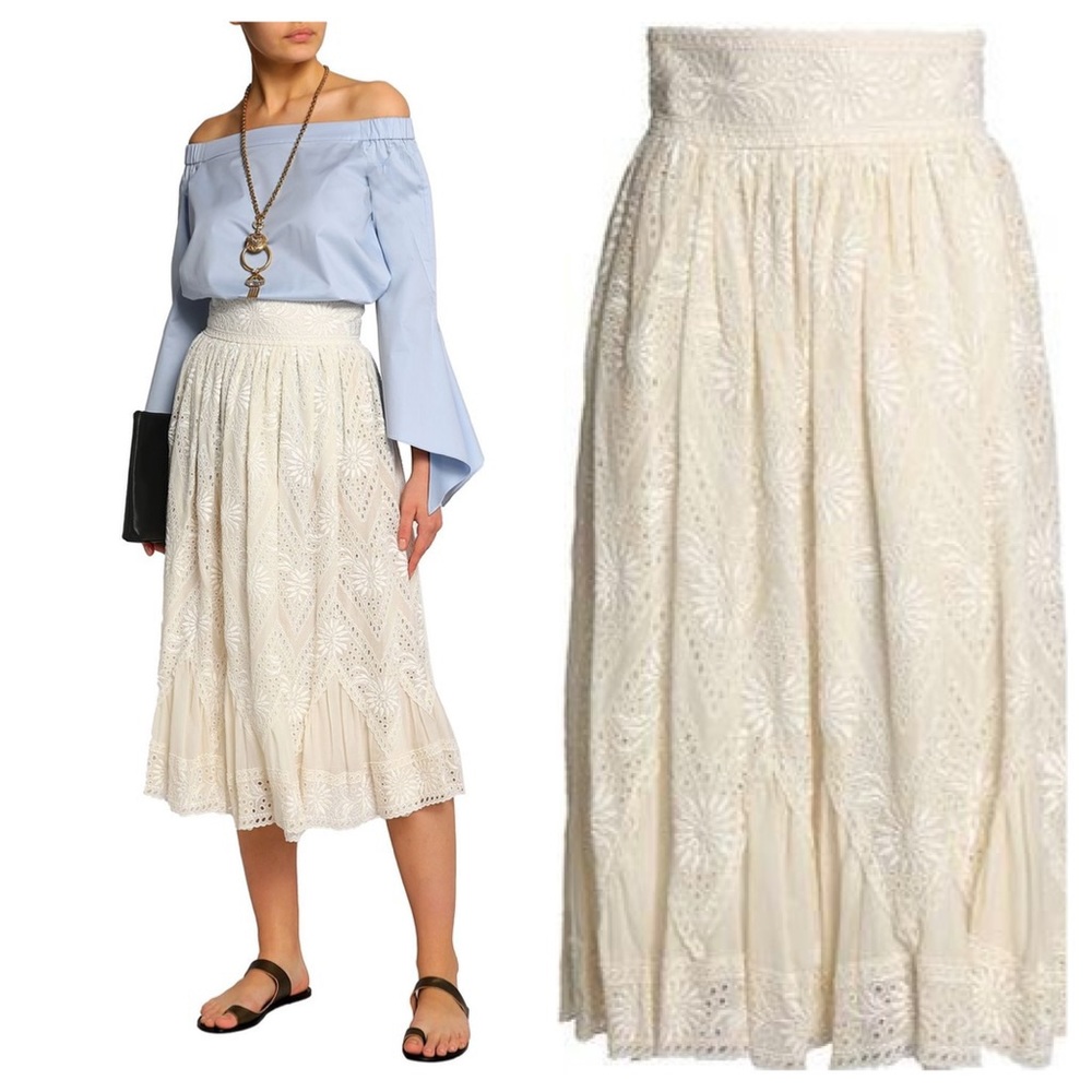 Valentino Pleated Broderie Anglaise Midi Skirt